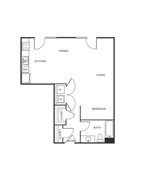 Floor plan for studio, 1 bath, 693 sqft